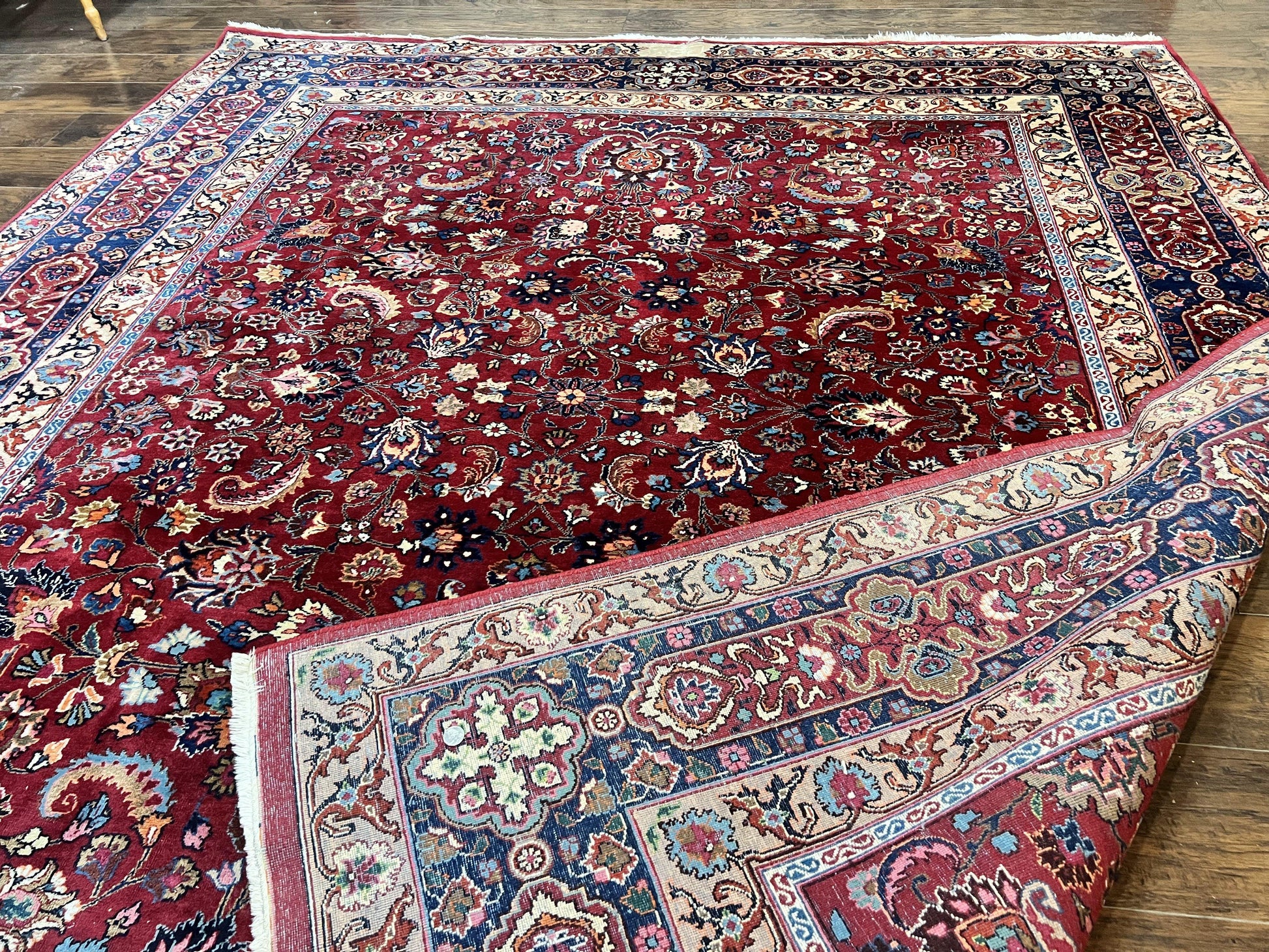 Signed Persian Mashad Rug 8x10, Wool Oriental Carpet, Semi Antique Rug, Hand Knotted, Traditional, Red, Floral Allover, - Nuvé