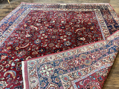 Signed Persian Mashad Rug 8x10, Wool Oriental Carpet, Semi Antique Rug, Hand Knotted, Traditional, Red, Floral Allover, - Nuvé