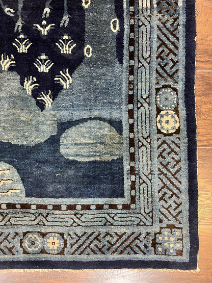 Antique Chinese Peking Rug 3x5, Dark Blue Chinese Wool Rug 3 x 5, Animal Pictorials Deer Birds, Handmade Asian Oriental Chinese Carpet - Nuvé