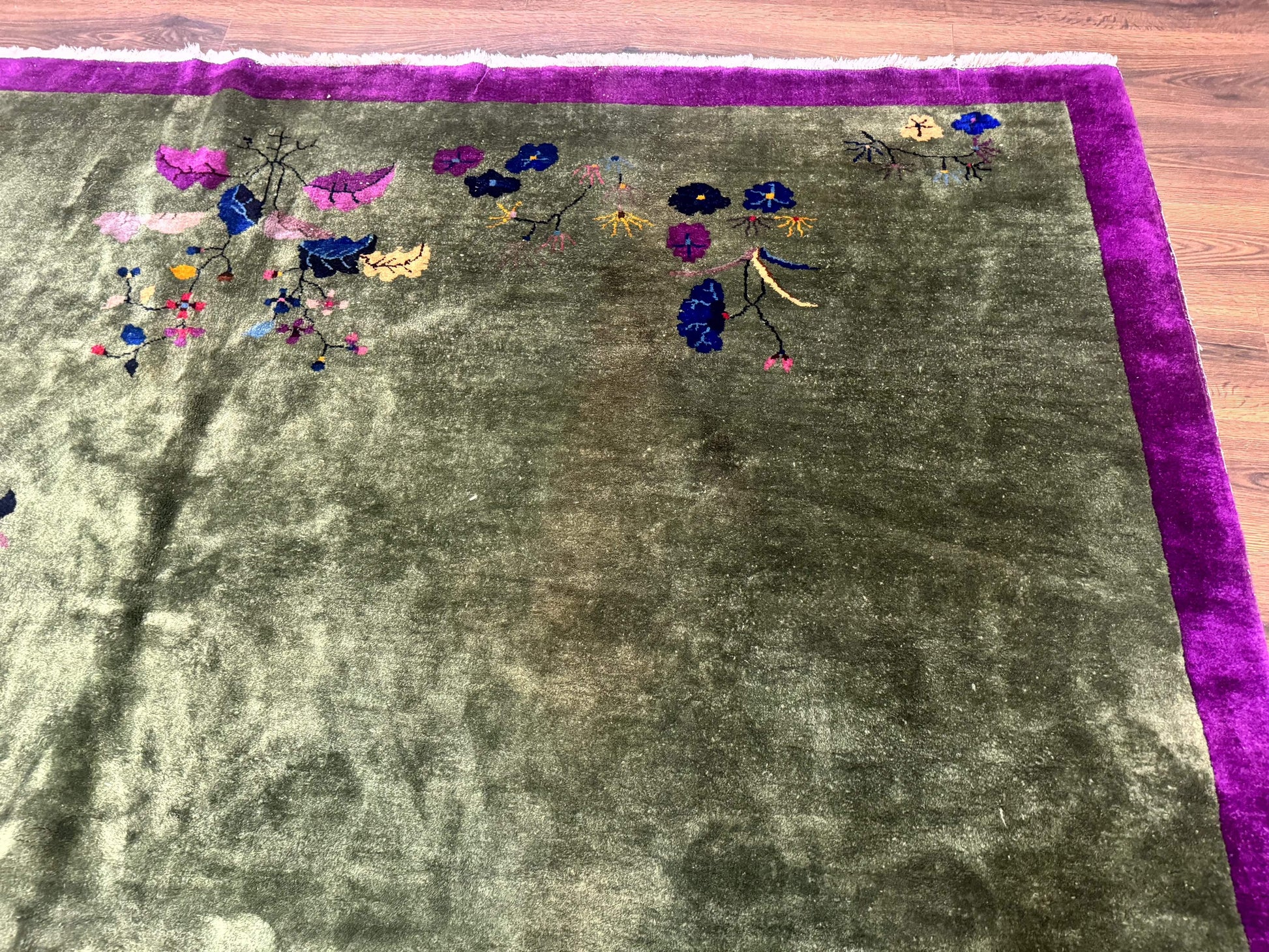 Antique Chinese Nichols Rug 9x12 - Rare Green and Purple Art Deco Carpet - Nuvé