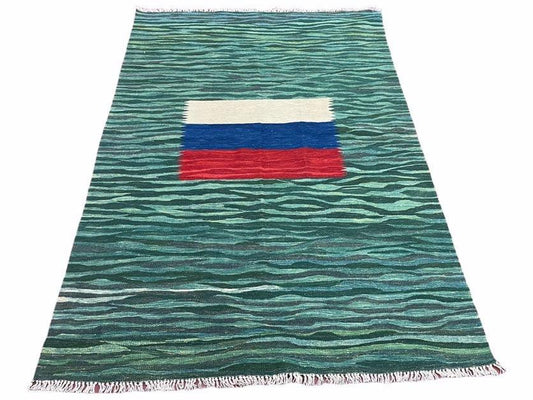 Sea Green Kilim Area Rug, White Blue Red Stripes, Russian Flag Rug, Flatweave Hand Knotted Carpet, Turkish Carpet, Wool, New, 5' 6" x 7' 10" - Nuvé