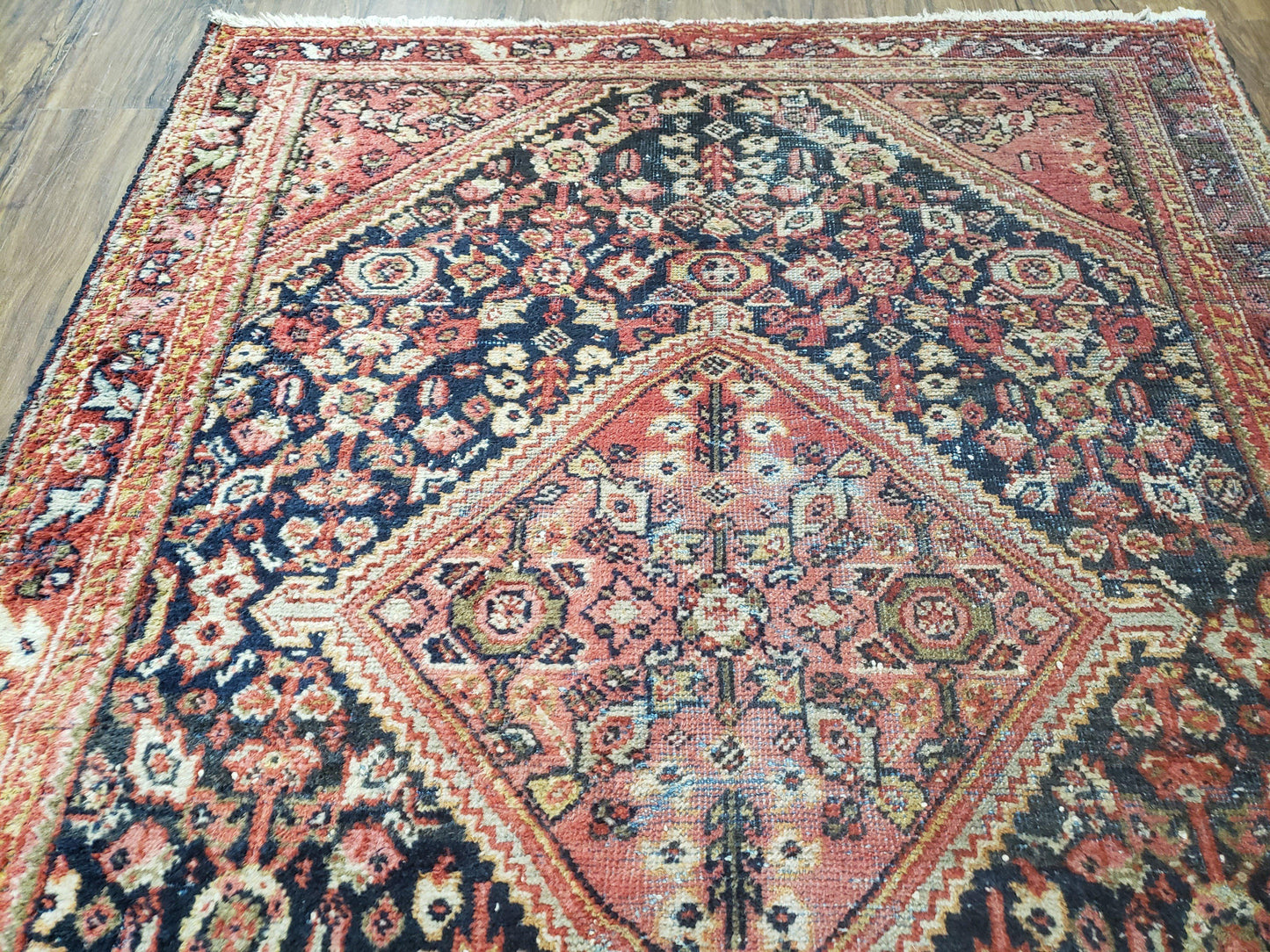 Antique Persian Mahal Area Rug 4.4 x 6.6, Wool Hand-Knotted Shabby Chic Oriental Rug, Red Black 1930s Foyer Room Carpet, Low Pile Boho Rug - Nuvé