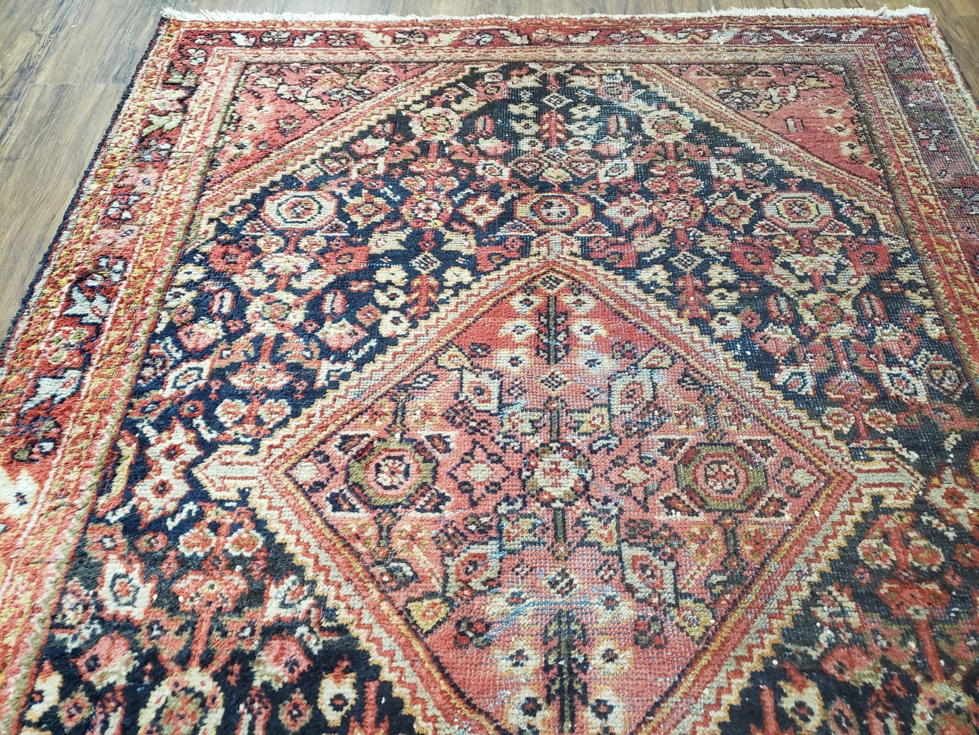 Antique Persian Mahal Area Rug 4.4 x 6.6, Wool Hand-Knotted Shabby Chic Oriental Rug, Red Black 1930s Foyer Room Carpet, Low Pile Boho Rug - Nuvé
