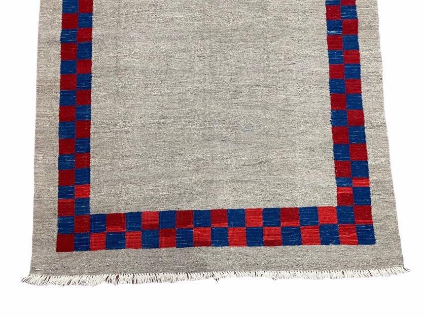 5' 7" x 7' 9" Geometric Kilim Carpet, Gray, Handmade, Hand-Knotted Area Rug, Blue & Red, Flatweave, Wool, New, Checkerboard Pattern - Nuvé