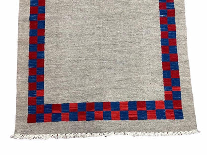 5' 7" x 7' 9" Geometric Kilim Carpet, Gray, Handmade, Hand-Knotted Area Rug, Blue & Red, Flatweave, Wool, New, Checkerboard Pattern - Nuvé