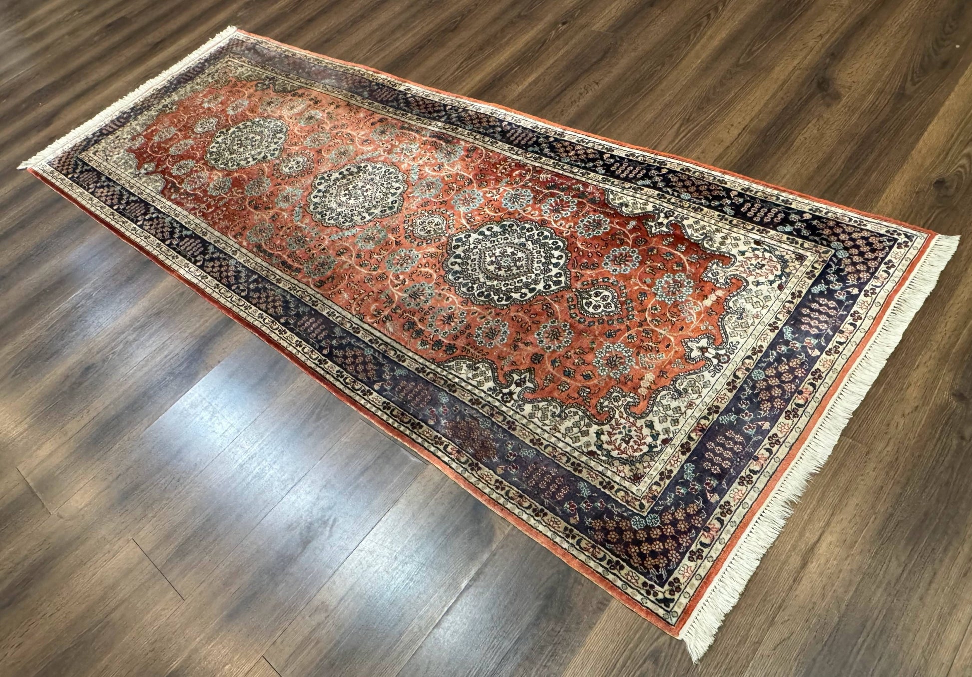 Turkish Silk Runner Rug 3x8, Short Runner Rug, Red, Floral Medallions, Very Fine 360 KPSI, 3 x 8 Runner - Nuvé