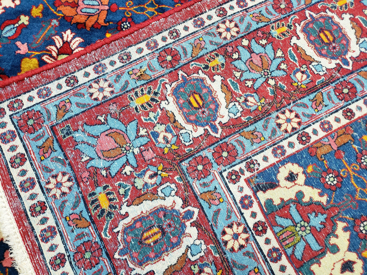 Rare Antique Persian Veramin Carpet, Mina-Khani Pattern, Blue, Red, Ivory, 7x11 ft, Hand-Knotted, Wool - Nuvé