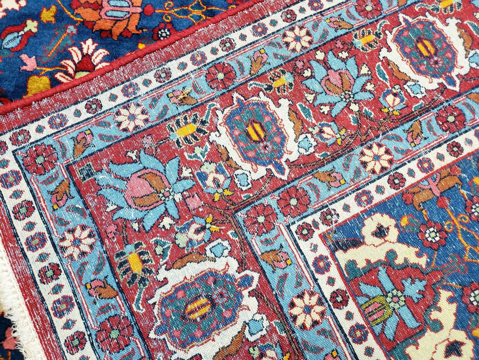 Rare Antique Persian Veramin Carpet, Mina-Khani Pattern, Blue, Red, Ivory, 7x11 ft, Hand-Knotted, Wool - Nuvé