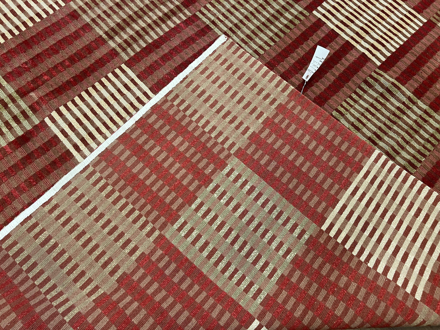 Modern Tibetan Rug 8x10, Hand Knotted Contemporary Nepali Carpet 8 x 10, Checkerboard Design, Red Cream Light Brown, Very Fine Wool & Silk - Nuvé