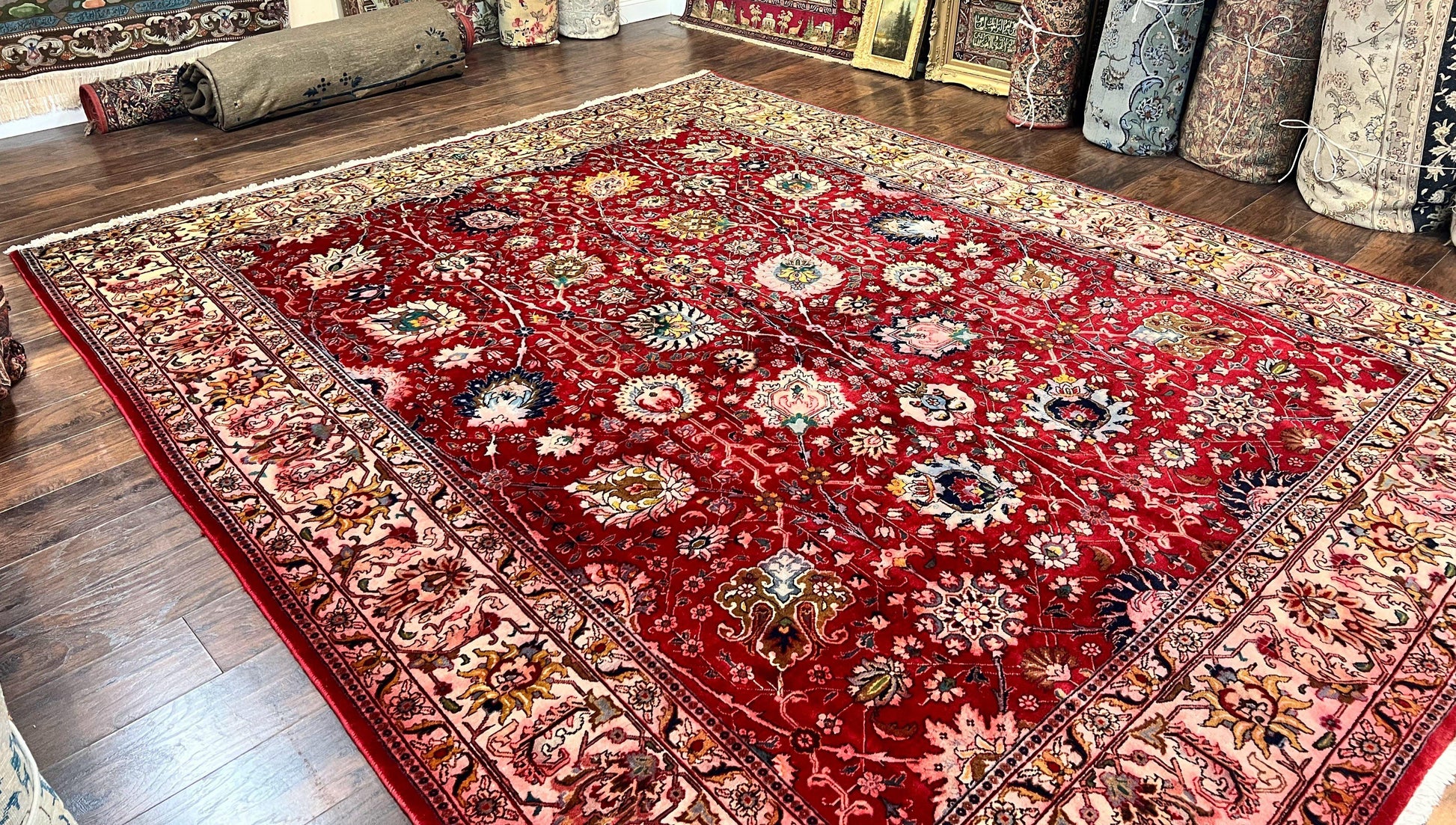 Persian Tabriz Rug 10x12, Floral Allover, Handmade Vintage Wool Carpet, Red and Cream - Nuvé