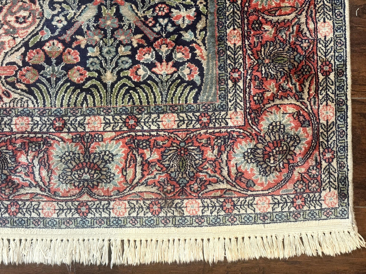 Silk Indian Kashmiri Rug 4x6, Tree of Life Pattern, Birds, Fine 290 KPSI, Navy Blue and Red, Handmade Oriental Carpet - Nuvé
