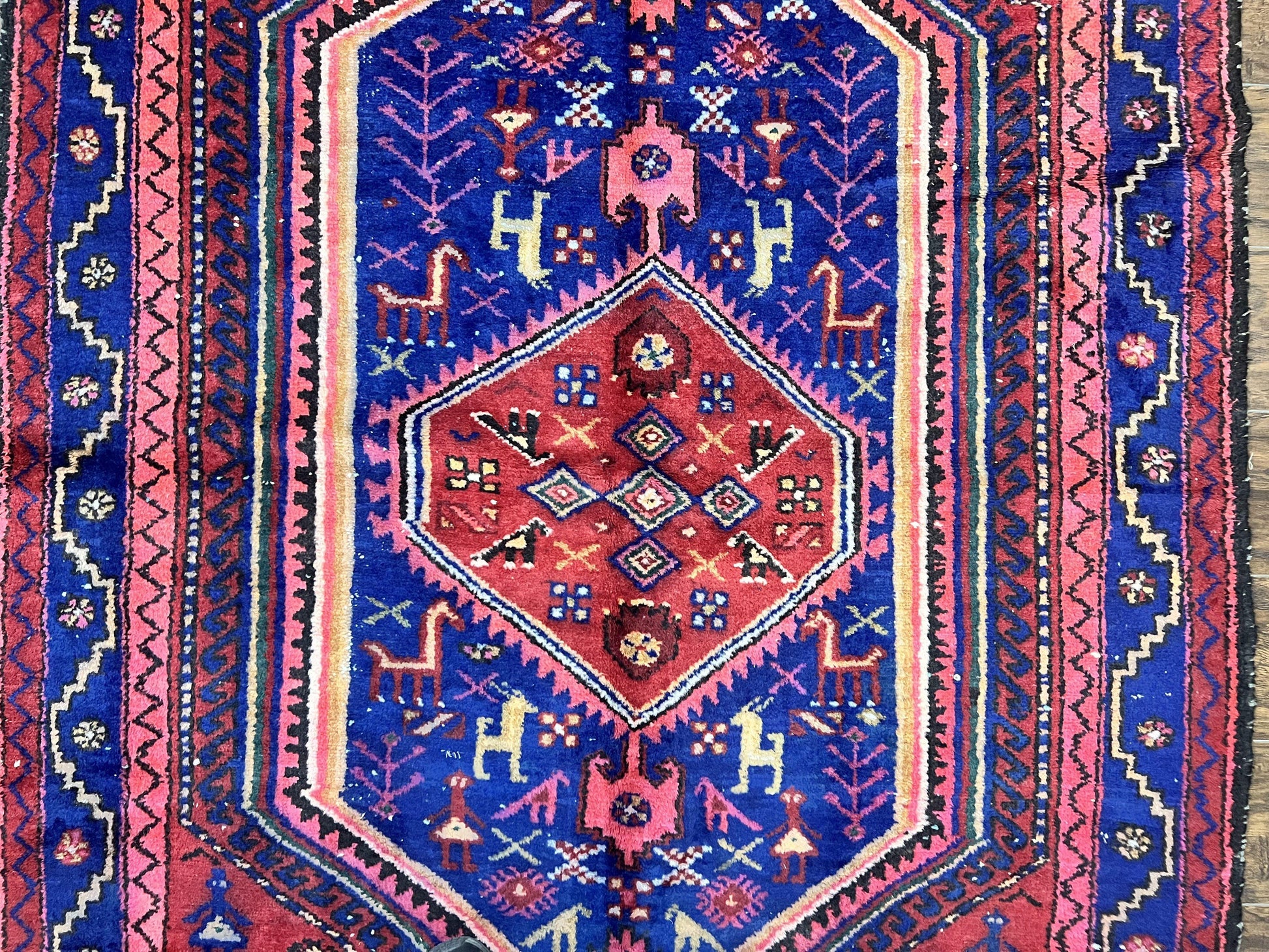 Persian Tribal Rug 5x7, Wool Handmade Vintage Hamadan Nahavand Carpet, Red & Navy Blue, Animal Motifs, Geometric Oriental Rug 5 x 7 - Nuvé
