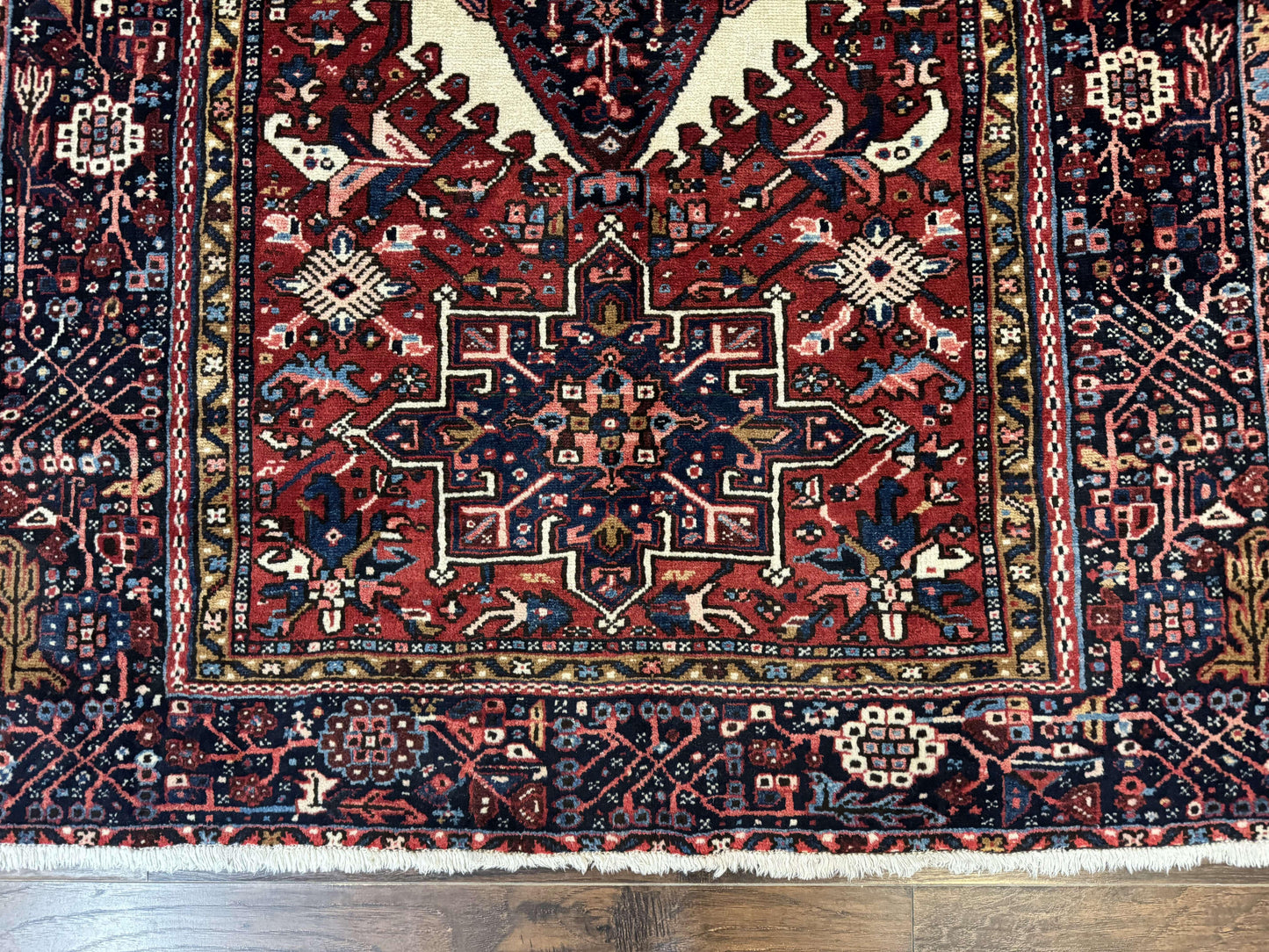 Persian Karajeh Rug 5x6, Antique Heriz Carpet, Geometric, Persian Tribal Rug, Brick Red Navy Blue - Nuvé