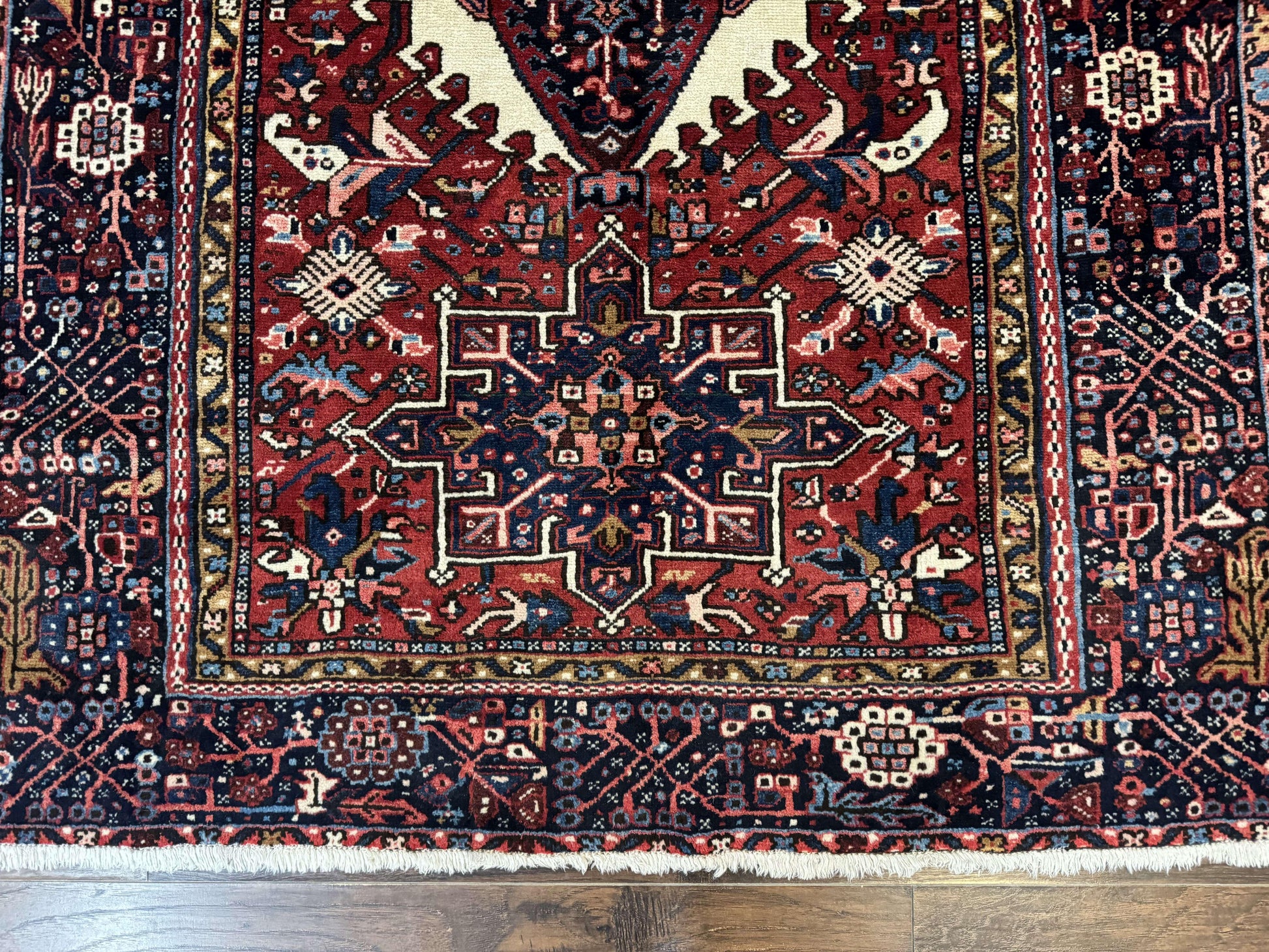 Persian Karajeh Rug 5x6, Antique Heriz Carpet, Geometric, Persian Tribal Rug, Brick Red Navy Blue - Nuvé