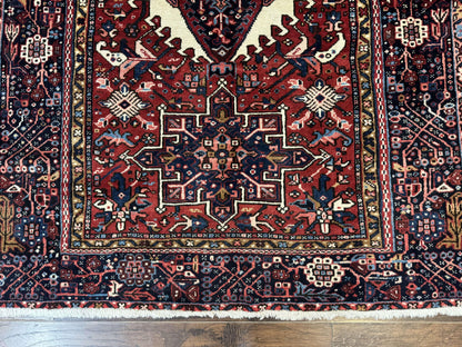 Persian Karajeh Rug 5x6, Antique Heriz Carpet, Geometric, Persian Tribal Rug, Brick Red Navy Blue - Nuvé