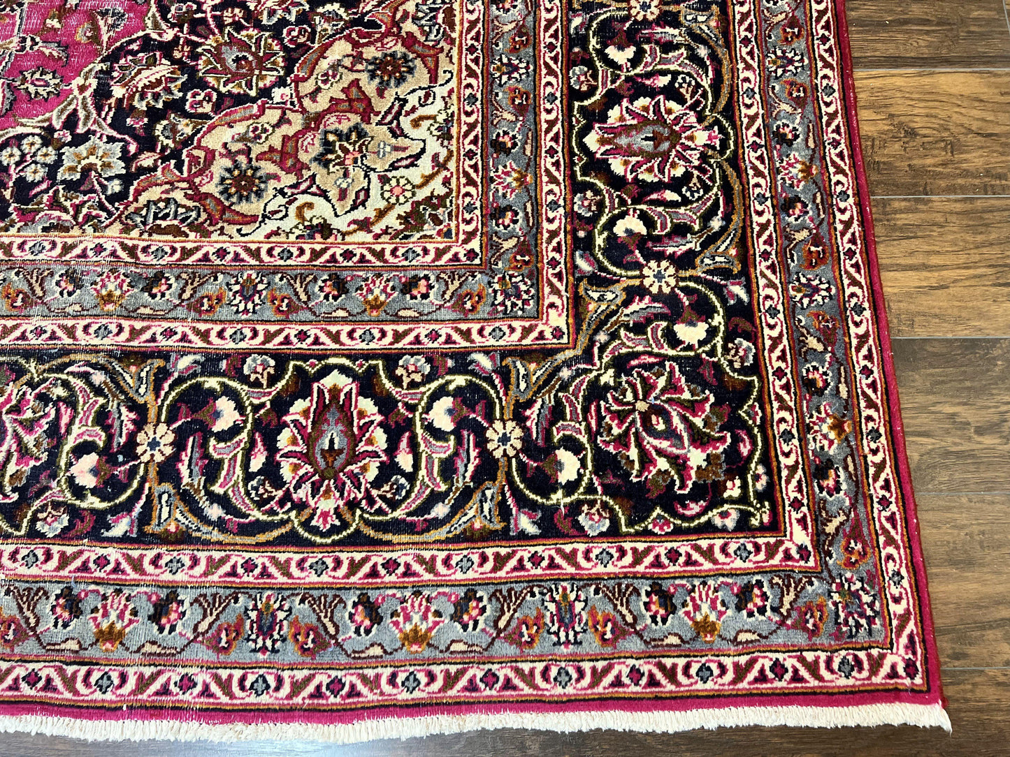 Persian Rug 10x13, Wool Hand Knotted Antique Kashmar Carpet, Raspberry Red & Navy Blue, Floral Medallion, Traditional Oriental Rug 10 x 13 - Nuvé