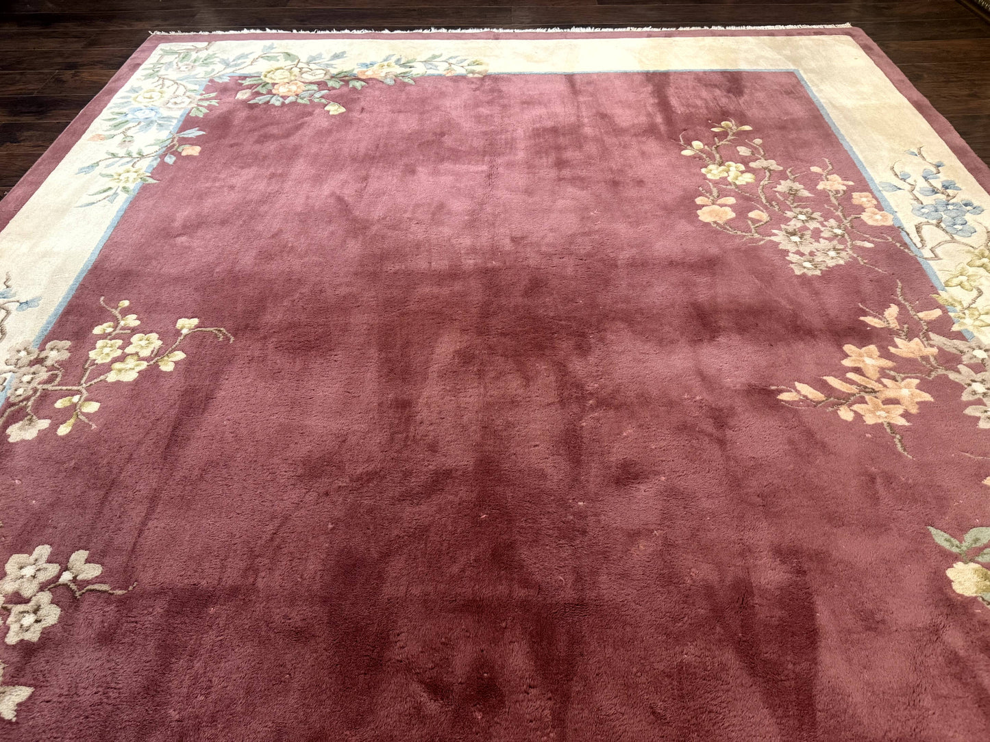 Indo Chinese Art Deco Rug 9x12, Pink and Ivory, Open Filed, Floral, Wool - Nuvé