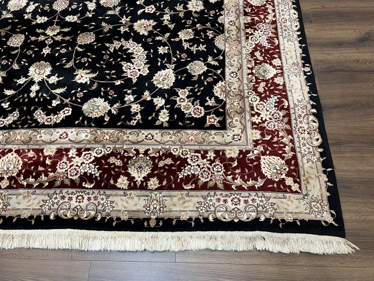 Sino Persian Rug 9x12, High Quality Oriental Carpet, Black and Maroon, Wool and Silk, Allover Floral Pattern, Hand Knotted, Vintage Rug Nice - Nuvé