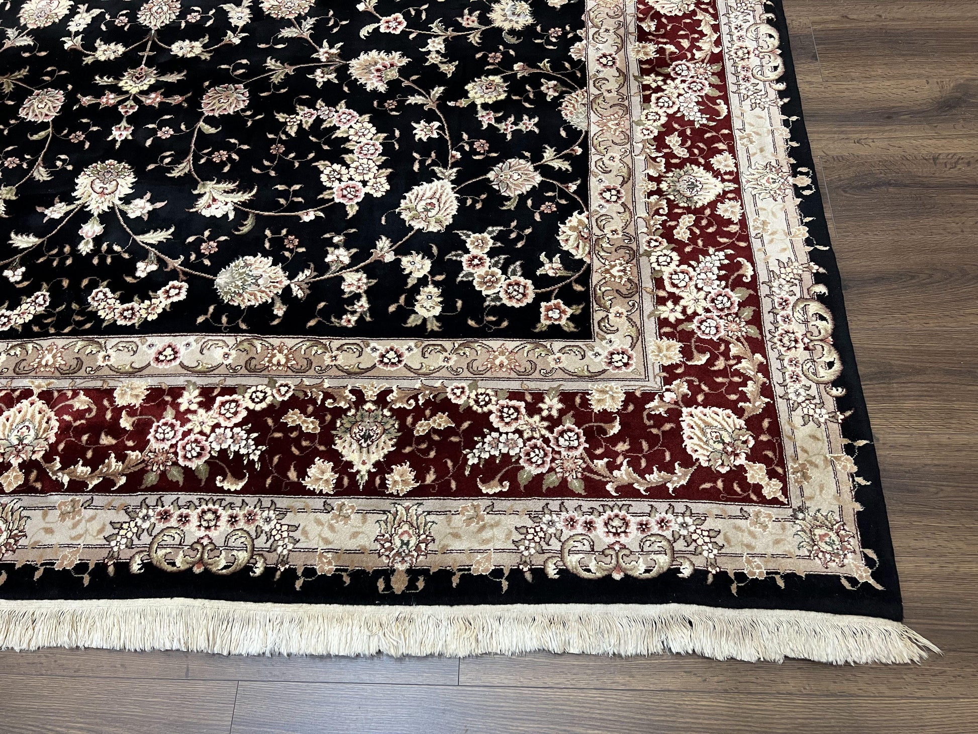 Sino Persian Rug 9x12, High Quality Oriental Carpet, Black and Maroon, Wool and Silk, Allover Floral Pattern, Hand Knotted, Vintage Rug Nice - Nuvé