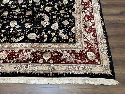 Sino Persian Rug 9x12, High Quality Oriental Carpet, Black and Maroon, Wool and Silk, Allover Floral Pattern, Hand Knotted, Vintage Rug Nice - Nuvé