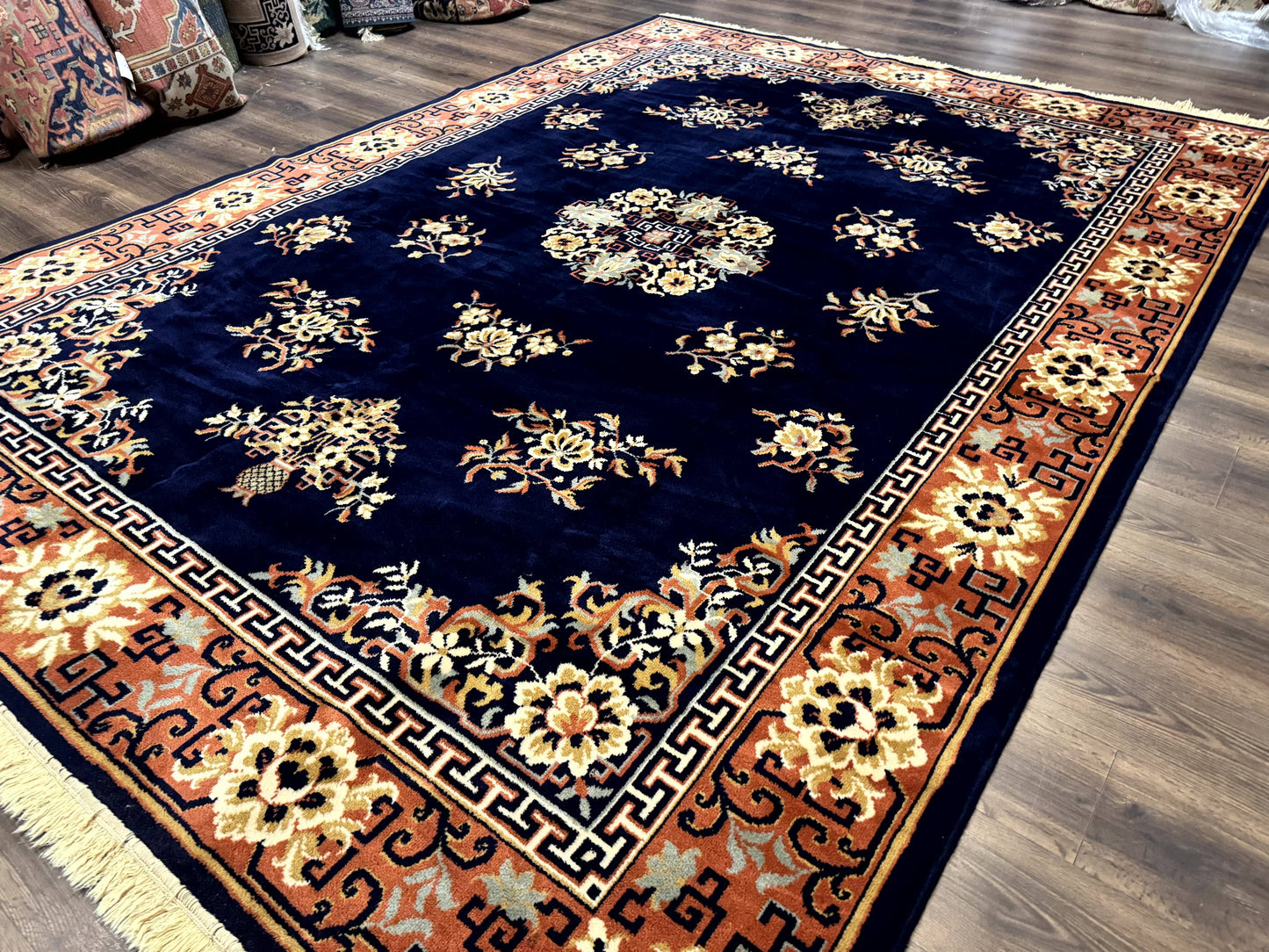 Chinese Wool Rug 8x11, Navy Blue and Terracotta, Floral, Couristan Belgium Power Loomed Carpet - Nuvé
