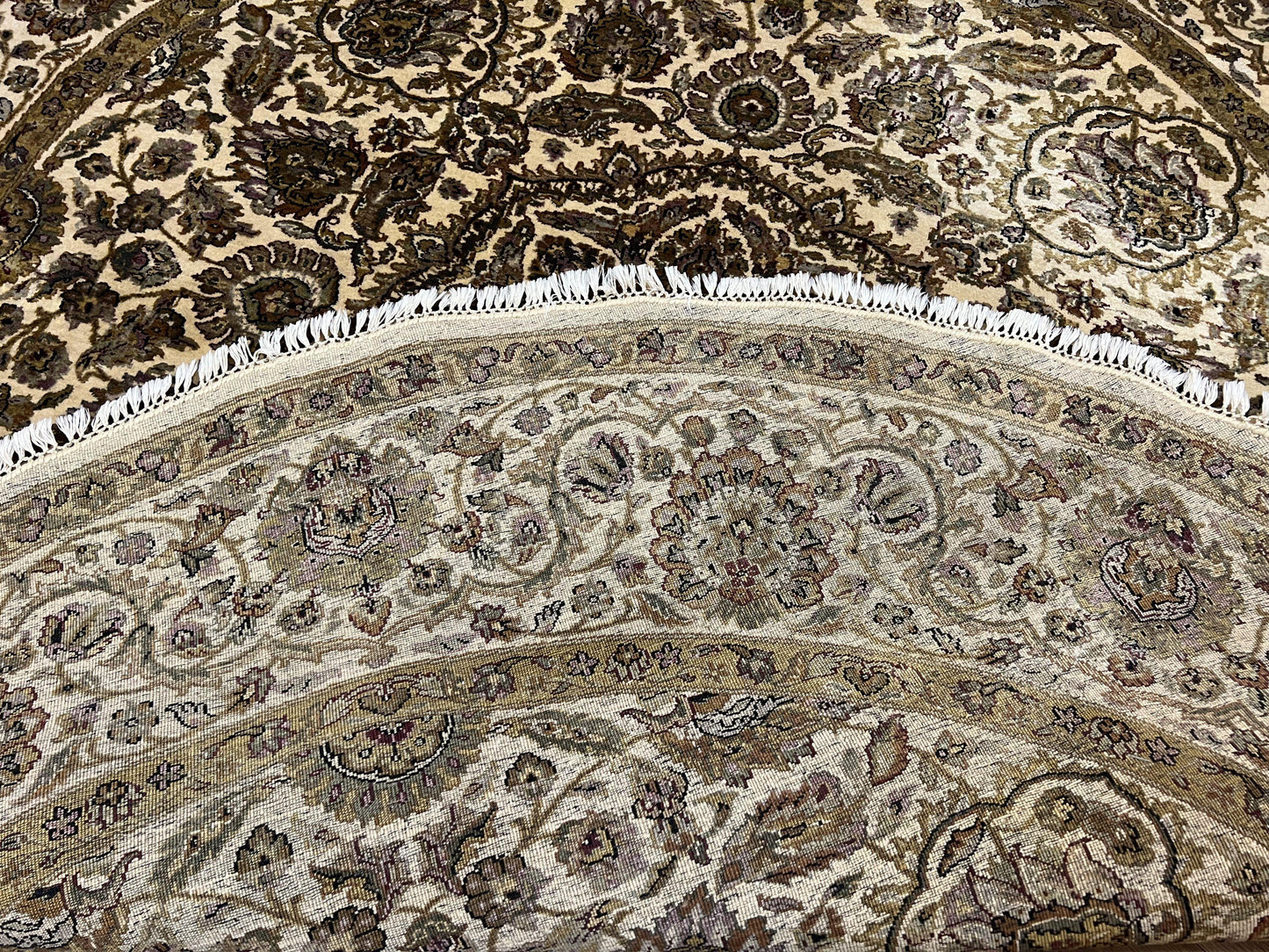 Round Indo Persian Rug 8x8 ft, Large Hand Knotted Vintage Wool Circular Carpet, 8ft Round Oriental Rug, Floral Medallion, Cream and Green - Nuvé