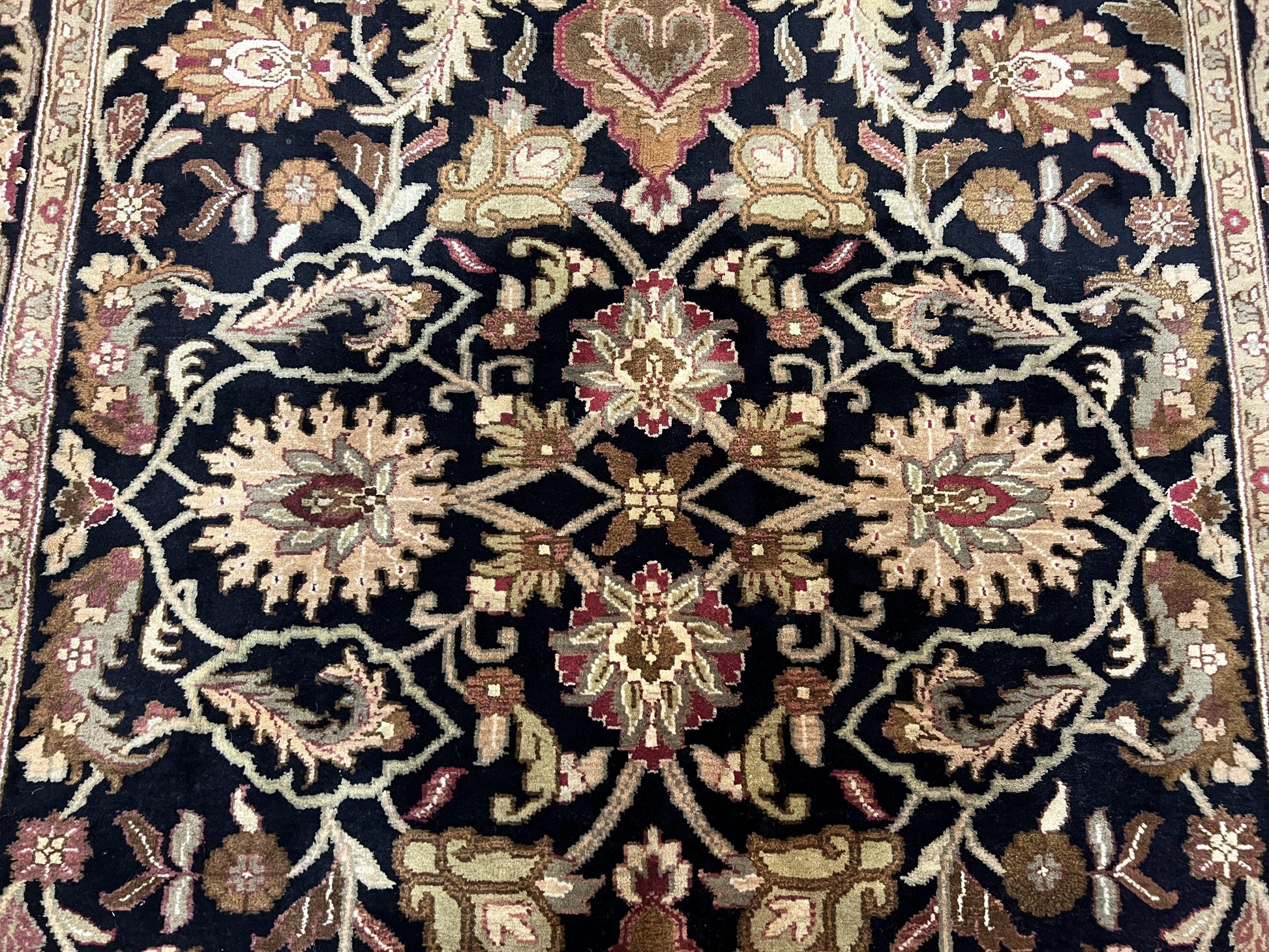 Indo Mahal Sultanabad Rug 8x11, Vintage Indian Oriental Carpet, Wool Handmade Floral Rug 8 x 11 ft, Black Beige Tan, Large Flowers Allover - Nuvé