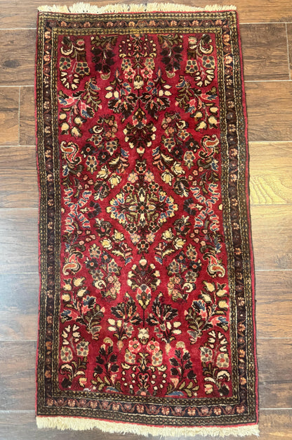 Small Persian Sarouk Rug 2x4, Floral, Red Hand Knotted Wool Traditional Oriental Carpet, Antique Persian Rug 2 x 4 - Nuvé