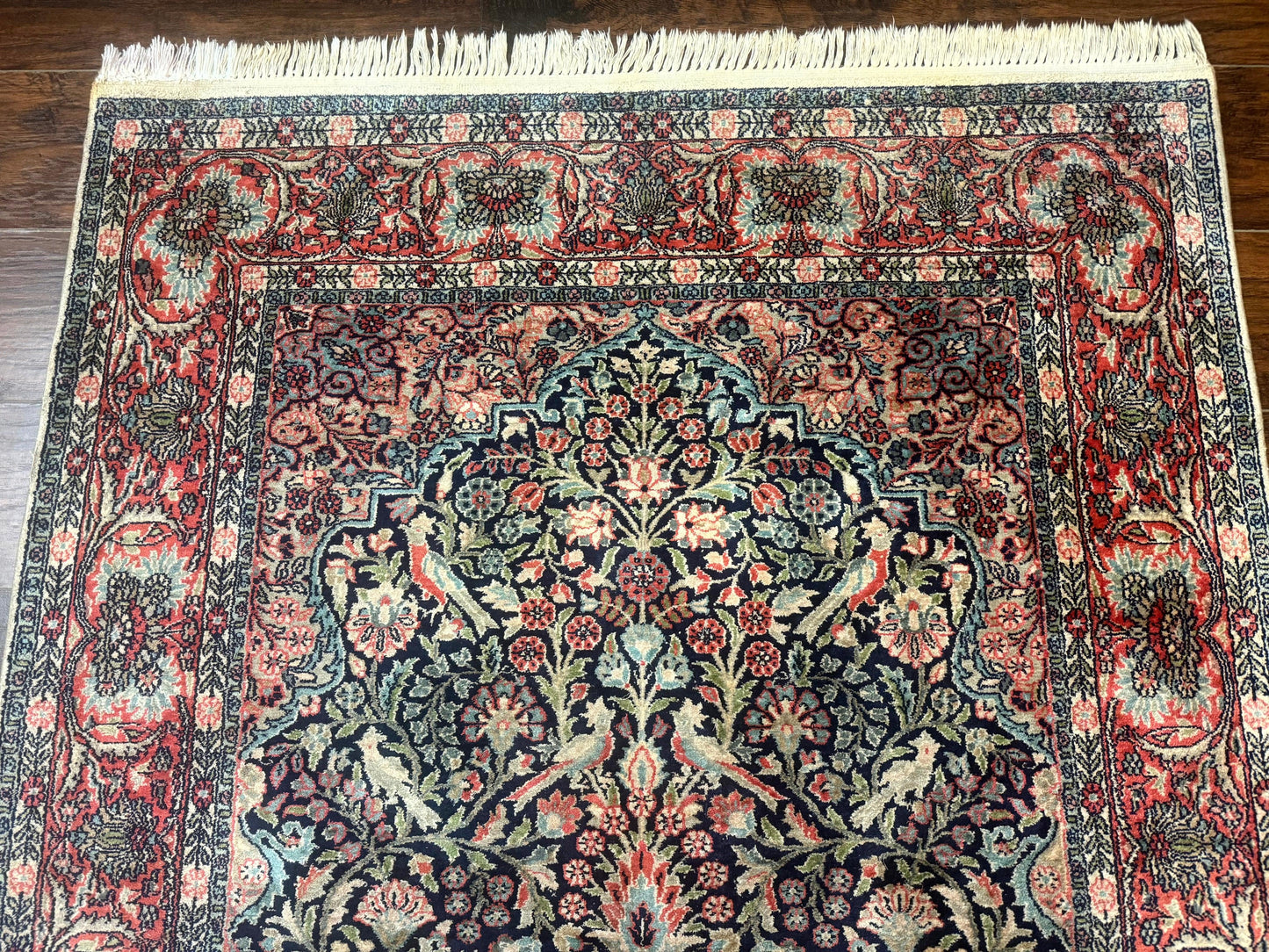 Silk Indian Kashmiri Rug 4x6, Tree of Life Pattern, Birds, Fine 290 KPSI, Navy Blue and Red, Handmade Oriental Carpet - Nuvé