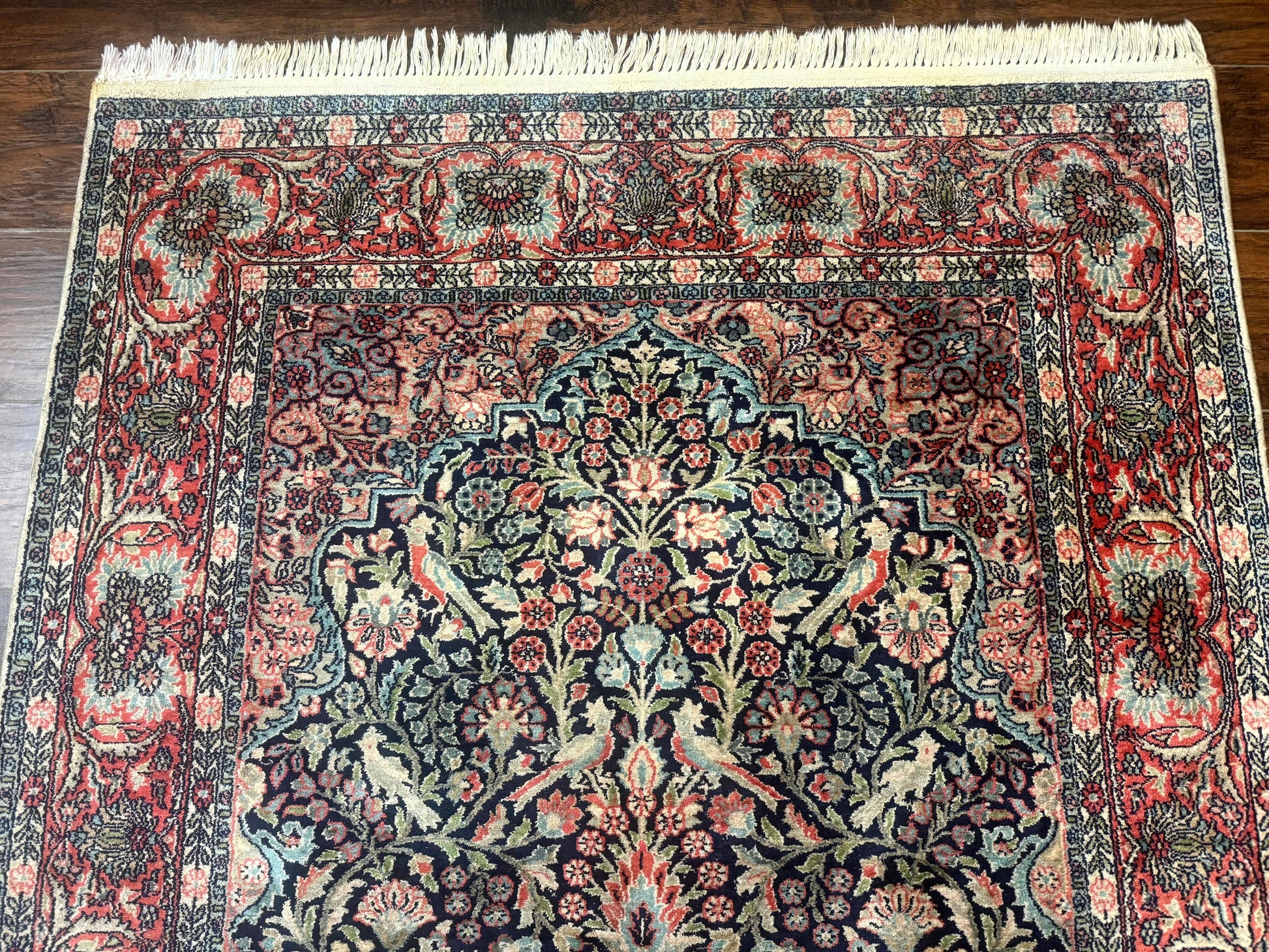 Silk Indian Kashmiri Rug 4x6, Tree of Life Pattern, Birds, Fine 290 KPSI, Navy Blue and Red, Handmade Oriental Carpet - Nuvé
