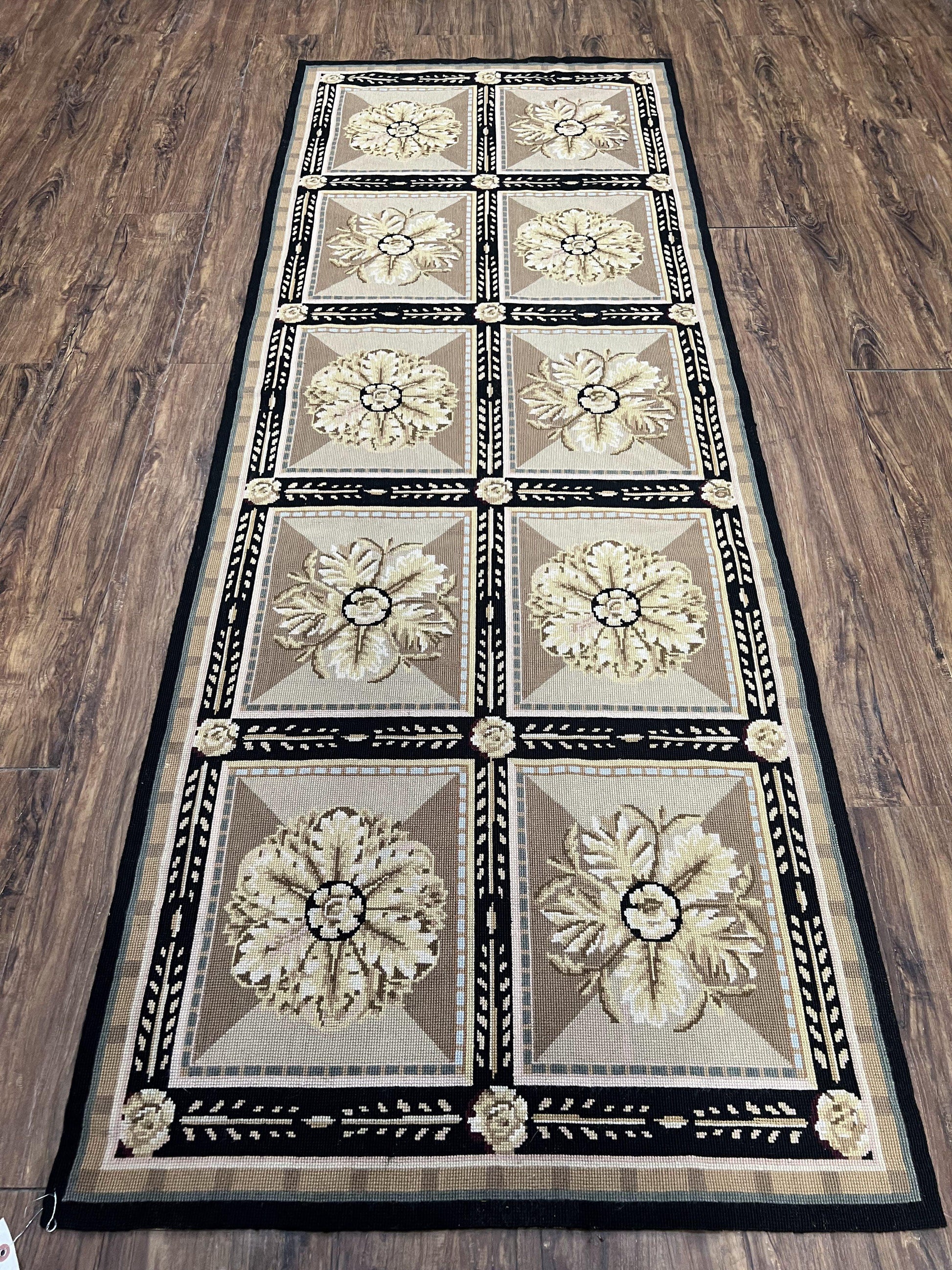 Needlepoint Runner Rug 3x8 Panel Design Rug, Flatweave Runner Rug, English Design, Floral, Short Runner Rug, Black and Beige Wool Hand-Woven - Nuvé