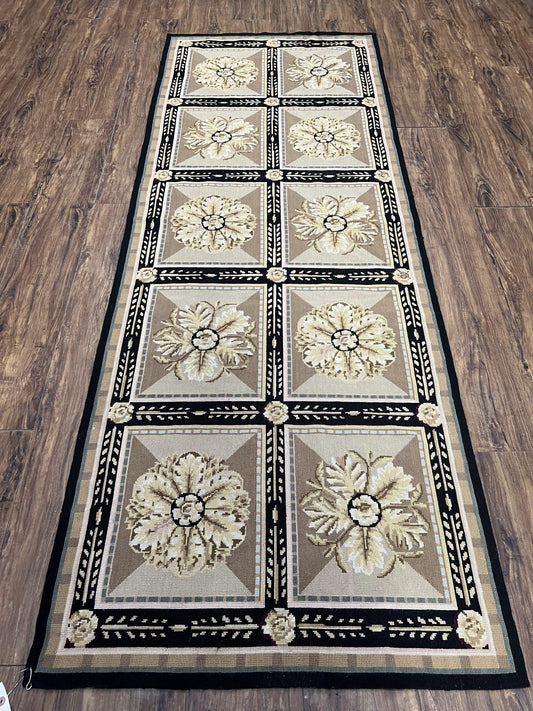 Needlepoint Runner Rug 3x8 Panel Design Rug, Flatweave Runner Rug, English Design, Floral, Short Runner Rug, Black and Beige Wool Hand-Woven - Nuvé
