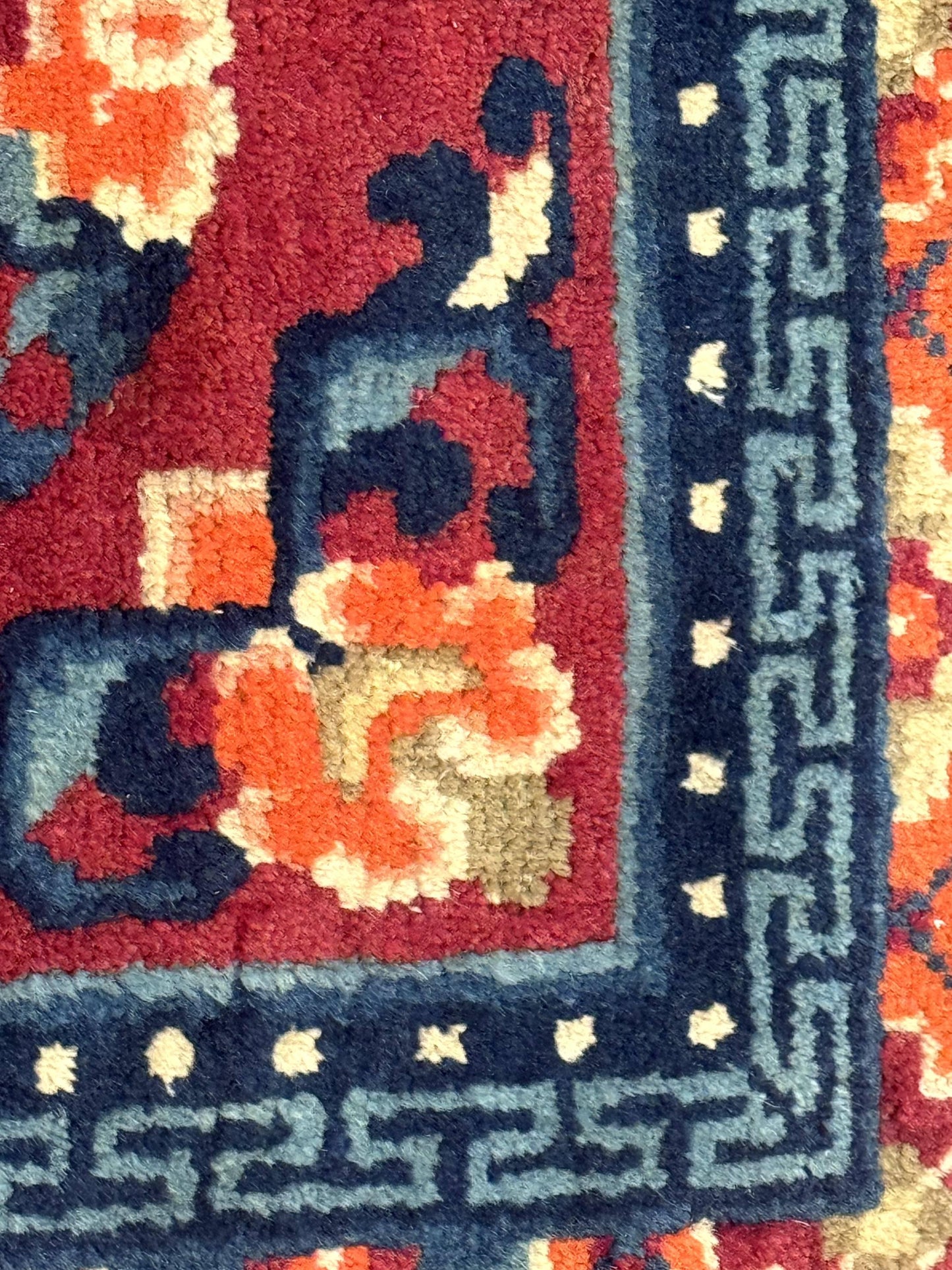 Small Antique Chinese Square Rug 2x3, Tibetan Rug, Red Orange Blue, 1920s Rug - Nuvé