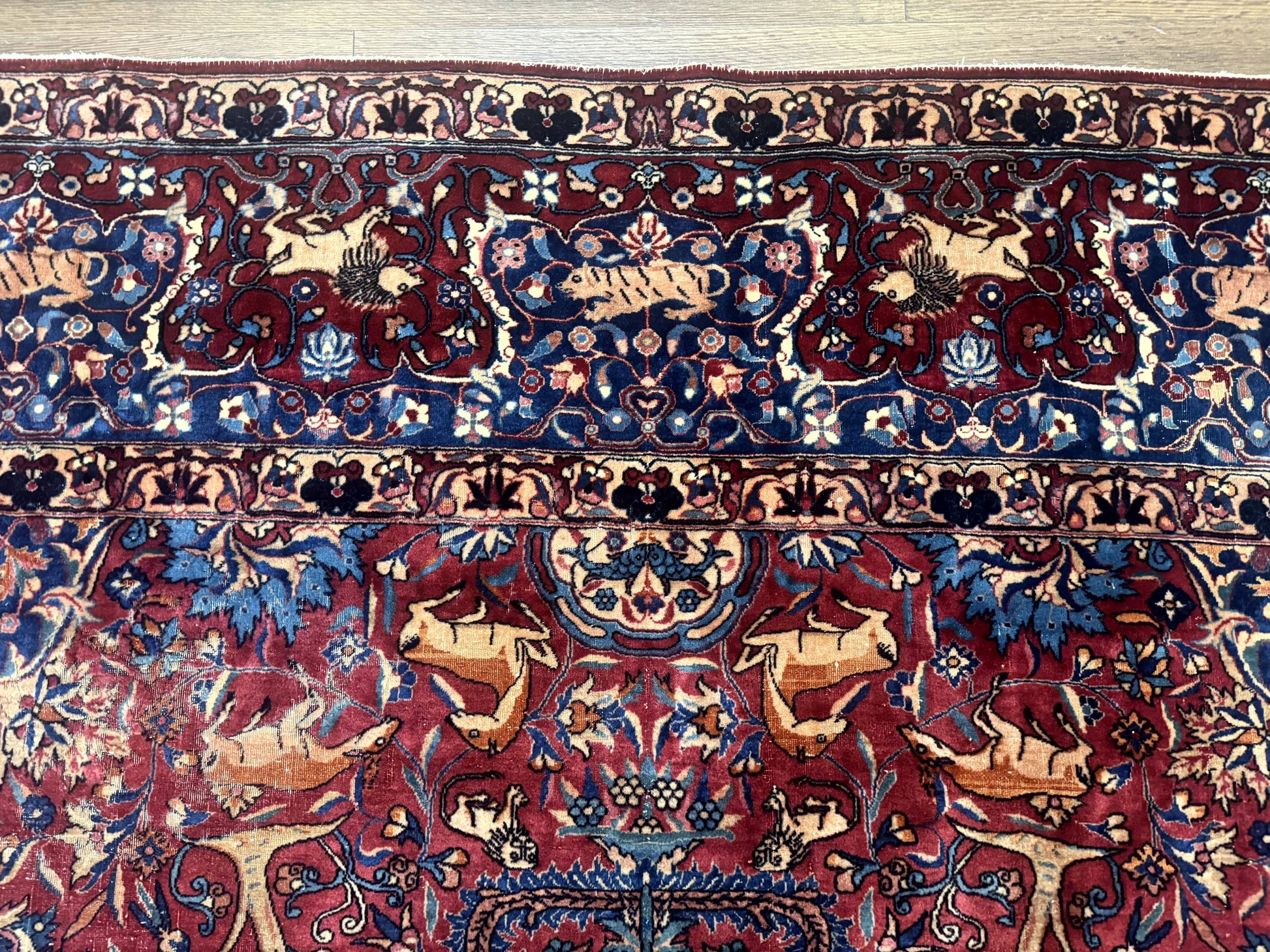 Antique Indo Persian Kerman Rug 9x12 Red Manchester Wool Animal Pictorials, Fine 290 KPSI - Nuvé