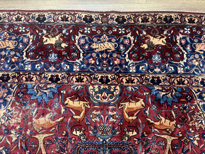 Antique Indo Persian Kerman Rug 9x12 Red Manchester Wool Animal Pictorials, Fine 290 KPSI - Nuvé
