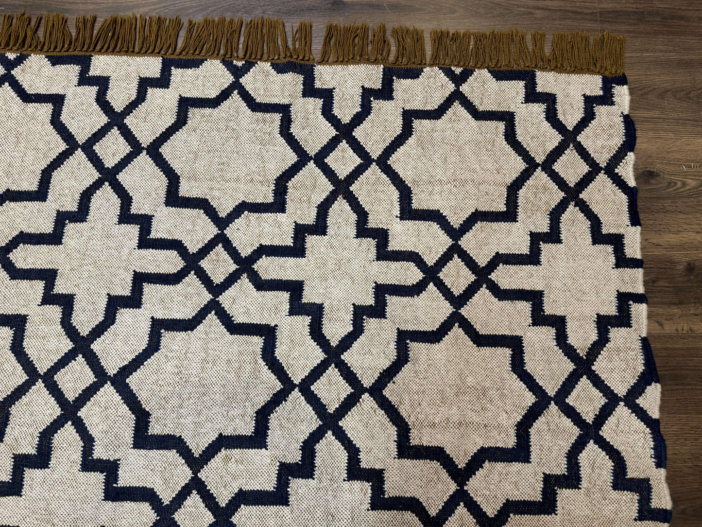 Indian Kilim Rug 8x10, Oat and Navy Blue, Dhurrie Carpet, Handmade, Wool - Nuvé