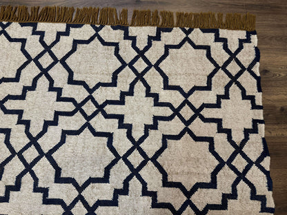 Indian Kilim Rug 8x10, Oat and Navy Blue, Dhurrie Carpet, Handmade, Wool - Nuvé