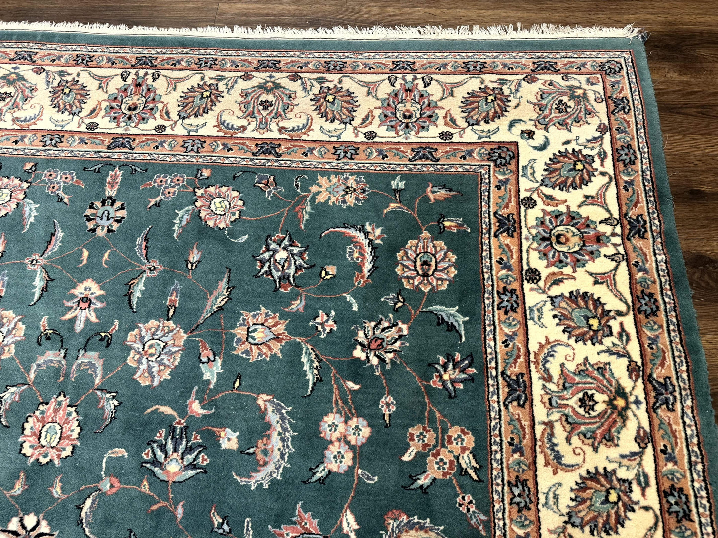 Indo Persian Rug 8x10, Green and Beige Oriental Carpet, Traditional Wool Area Rug, Floral Allover Pattern - Nuvé