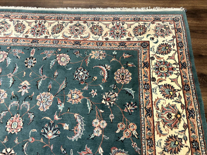 Indo Persian Rug 8x10, Green and Beige Oriental Carpet, Traditional Wool Area Rug, Floral Allover Pattern - Nuvé
