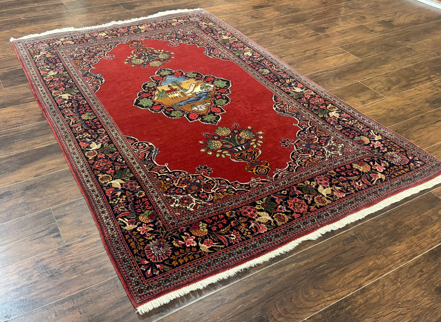 Red Persian Kashan Rug 4x6, Very Fine 260 KPSI, Red and Navy Blue Persian Carpet, Semi Open Field - Nuvé