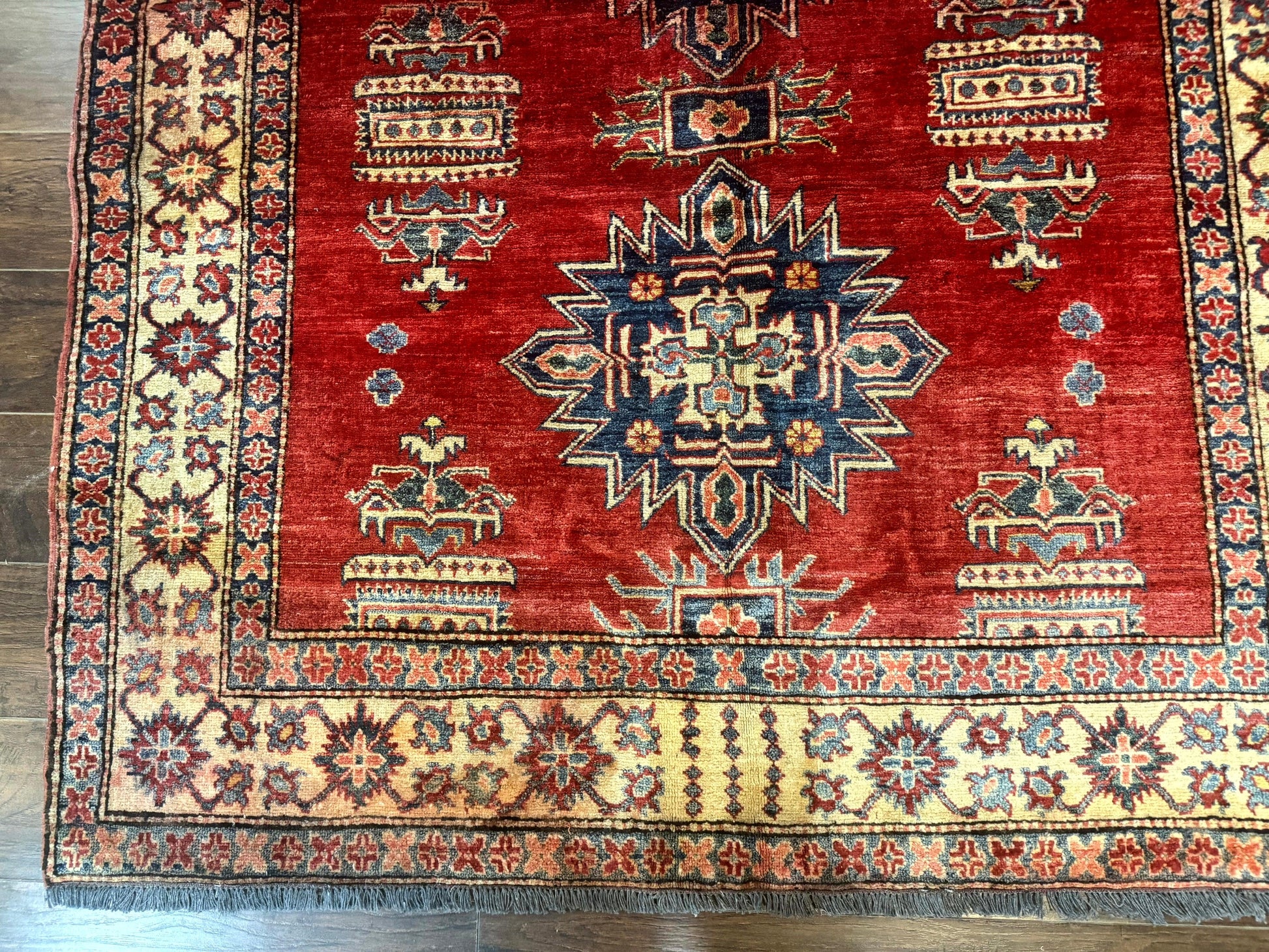 Square Turkish Rug 6x6, Azerbaijani Azeri Turkish Armenian Rug, Red Tan Blue, Geometric, Wool Carpet - Nuvé