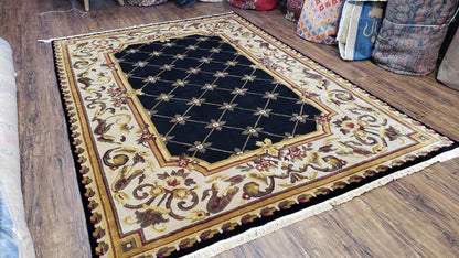 Nepal Rug 6x9, New Aubusson Nepalese Tibetan Carpet 6'1" x 8' 8", Hand-Knotted Wool, Unused, Black & Cream, Savonnerie Pattern, Soft Pile - Nuvé
