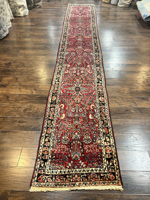 Antique Persian Runner Rug 2.9 x 17, Rare Sarouk Runner, Handmade Wool Rug for Hallway, Red, Floral - Nuvé