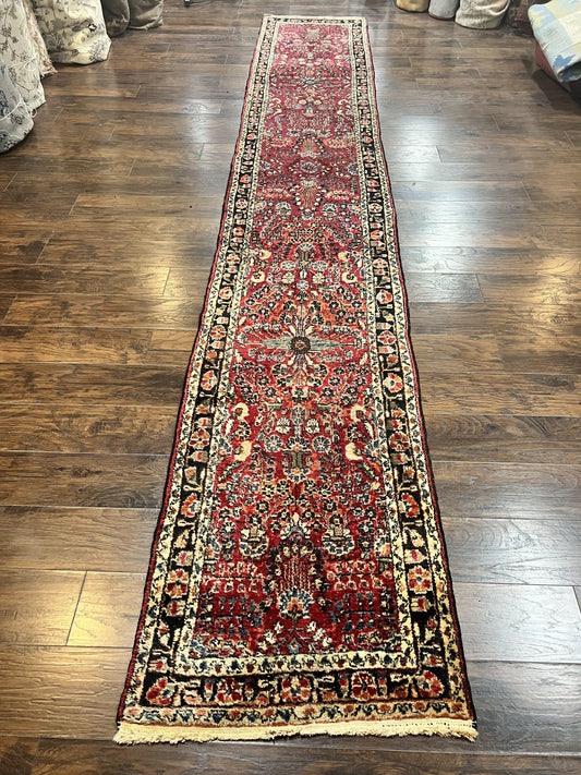 Antique Persian Runner Rug 2.9 x 17, Rare Sarouk Runner, Handmade Wool Rug for Hallway, Red, Floral - Nuvé