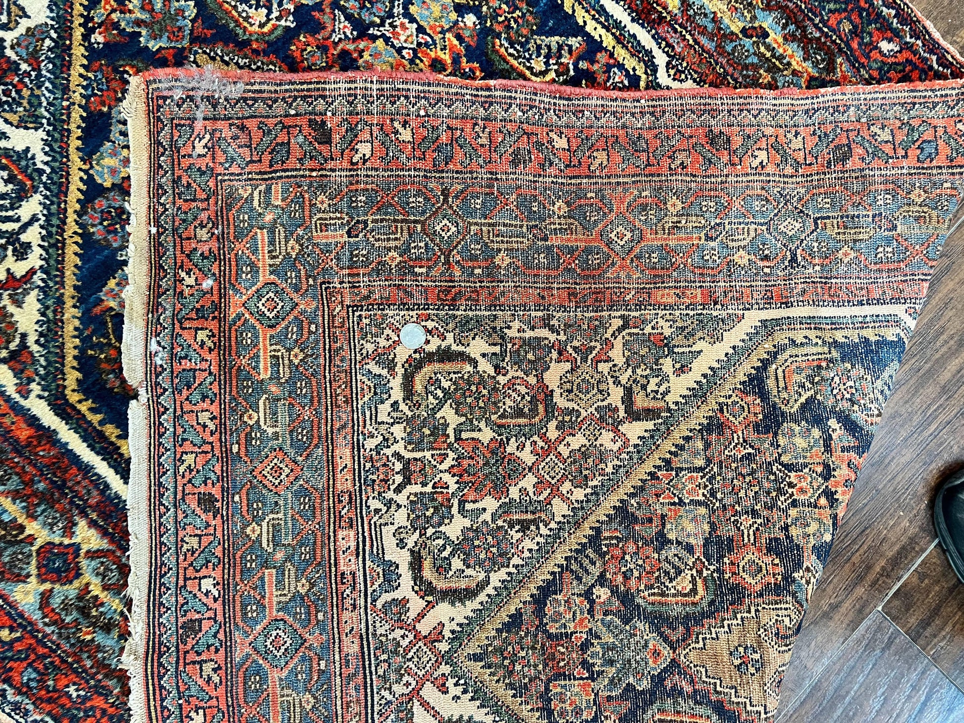Antique Persian Runner Rug 3.7 x 15.8, Navy Blue Multicolor, Hand Knotted Handmade Wool Rug for Hallway, Geometric Medallions, Persian Hamadan Rug - Nuvé