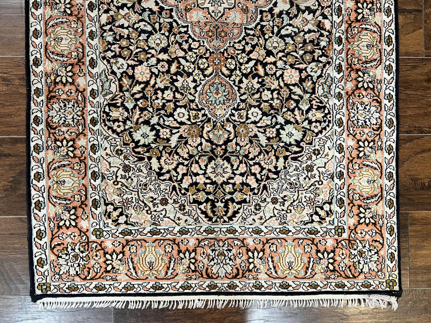 Silk Indian Kashmiri Rug 3x5, Indo Persian Silk on Silk Carpet, Very Fine 350 KPSI, Navy Blue, Handmade, Floral Medallion - Nuvé