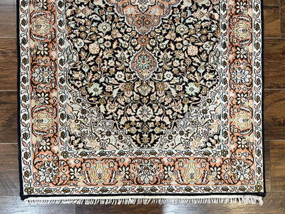 Silk Indian Kashmiri Rug 3x5, Indo Persian Silk on Silk Carpet, Very Fine 350 KPSI, Navy Blue, Handmade, Floral Medallion - Nuvé