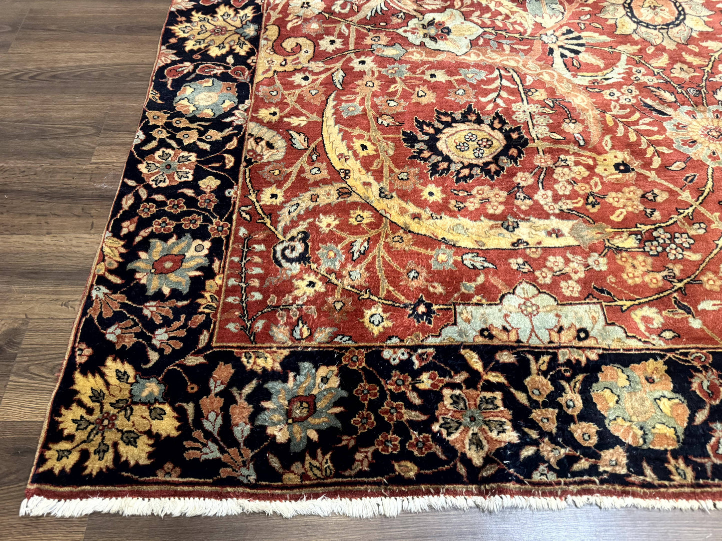Indian Agra Rug 9x11, Terracotta and Navy Blue, Sickle Leaf Rug - Nuvé