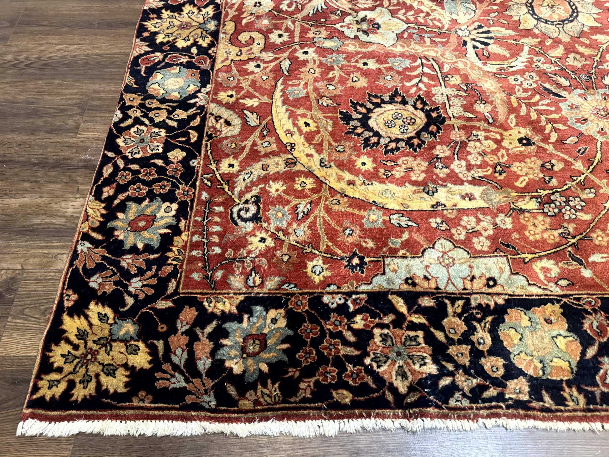 Indian Agra Rug 9x11, Terracotta and Navy Blue, Sickle Leaf Rug - Nuvé