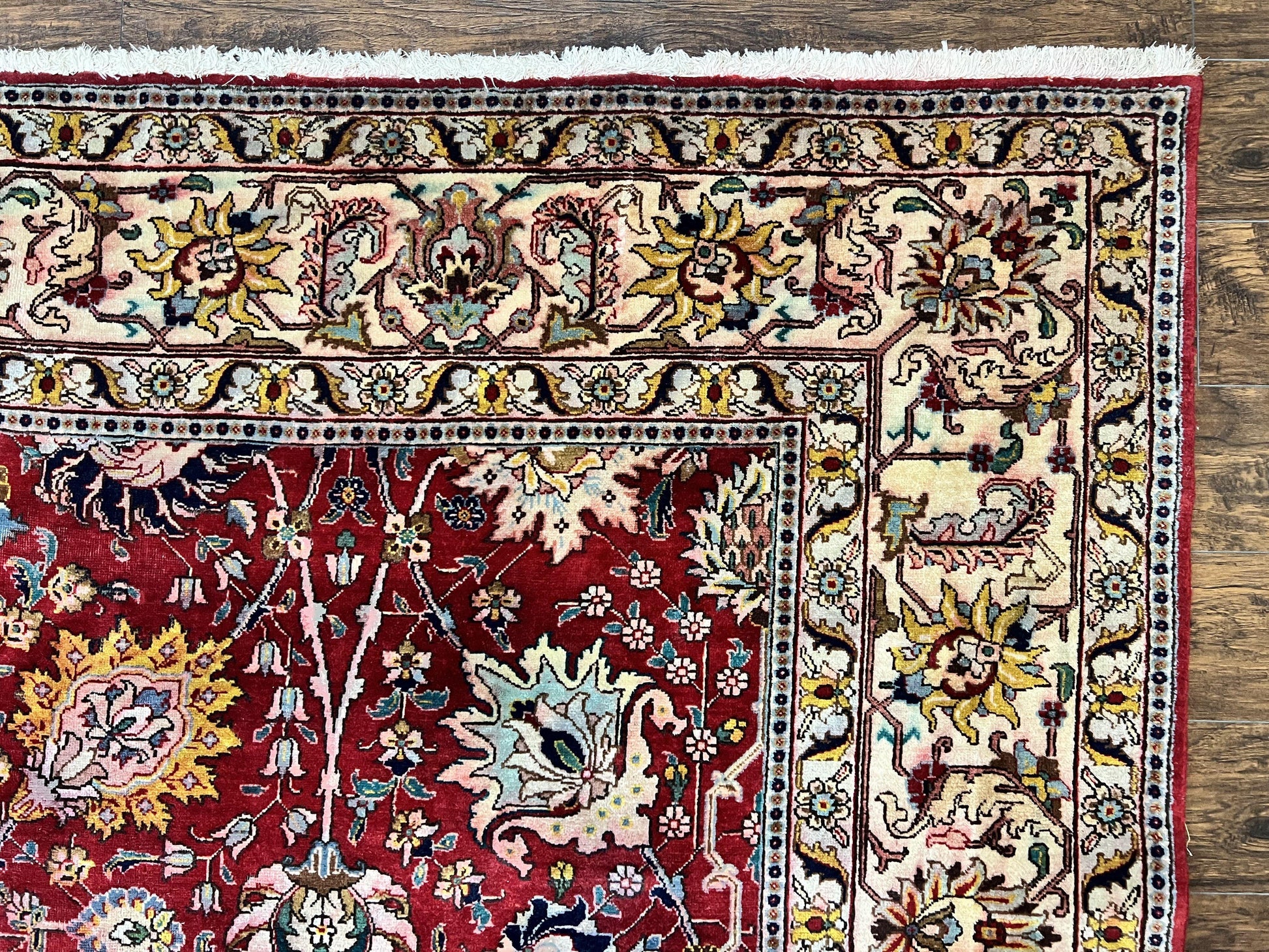Persian Tabriz Rug 10x12, Floral Allover, Handmade Vintage Wool Carpet, Red and Cream - Nuvé